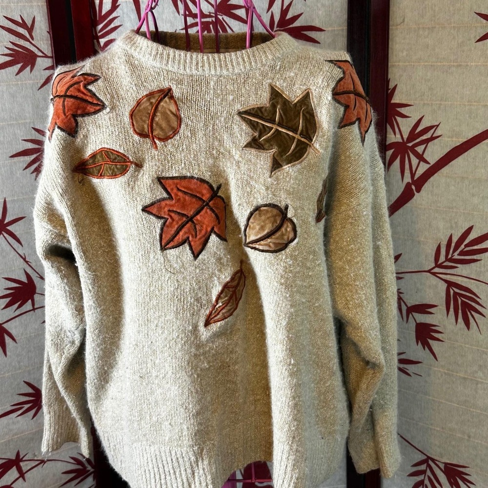 Vintage Santoria 1993‎ Silk Angora Lambswool Leaf Applique Sweater Beige Large